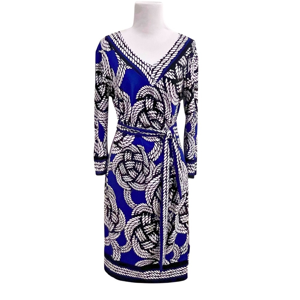 NY & Co. | Sz S | Royal Blue & White Rope-Print Wrap Midi Dress